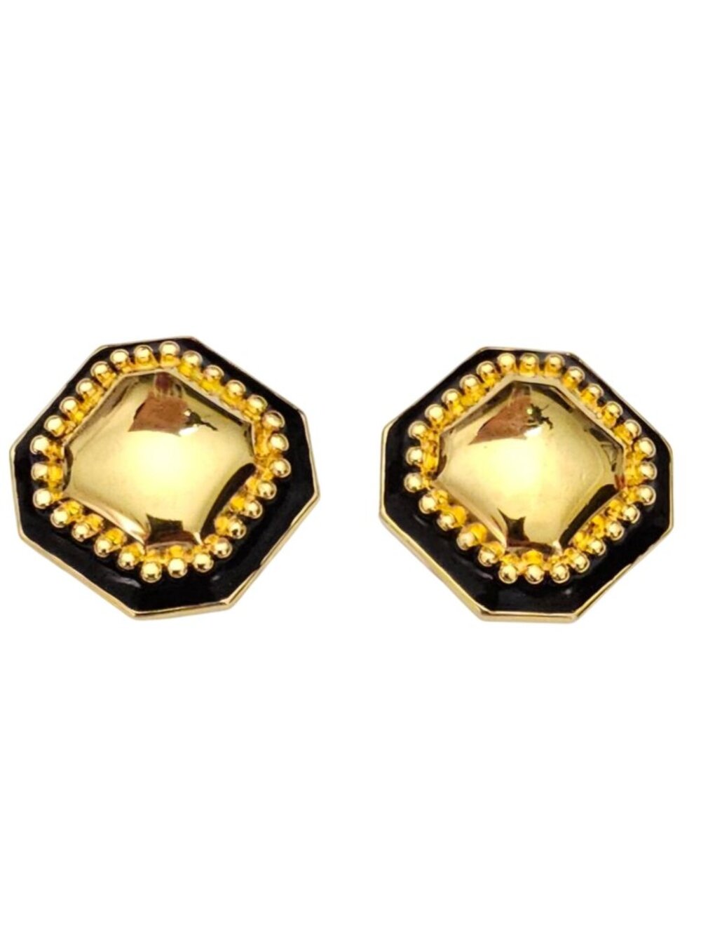 St. John Octagon Gold-Tone Black  Clip-On Earrings Signed, J893